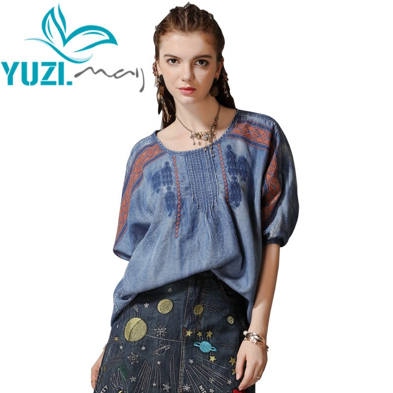 Chemisier femmes Yuzi. may Boho Denim femmes Blouses col rond lanterne manches Vintage broderie Blusas Femininas B9281 Blusa