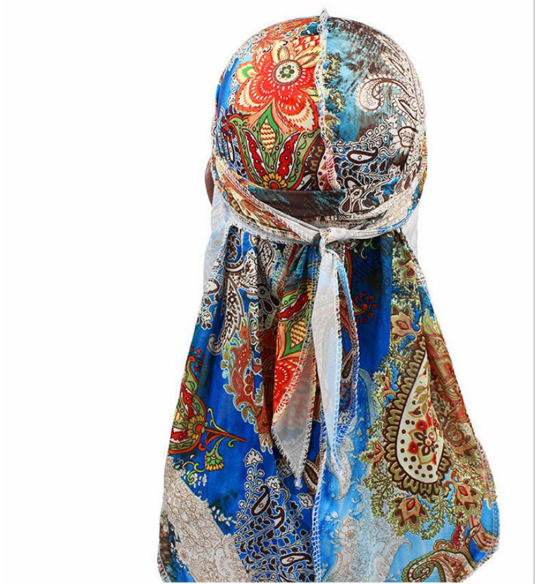 Turbante con estampado de flores para hombre, Bandanas sedosas, diadema de seda, gorros con ondas florales, turbante, accesorios para el cabello,