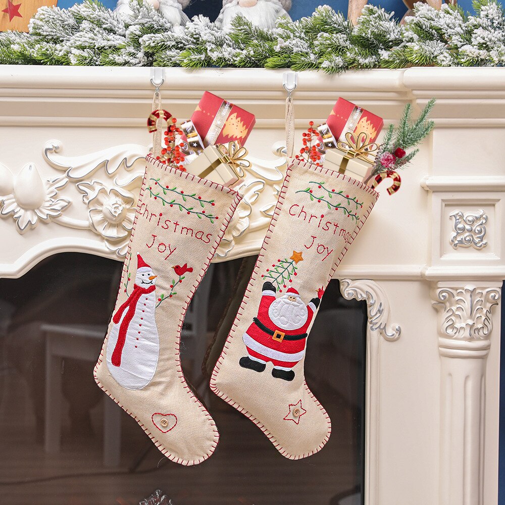 Kerst Decoratie Borduurwerk Jute Sokken Kerstman Snowman Sok Snoep Bag