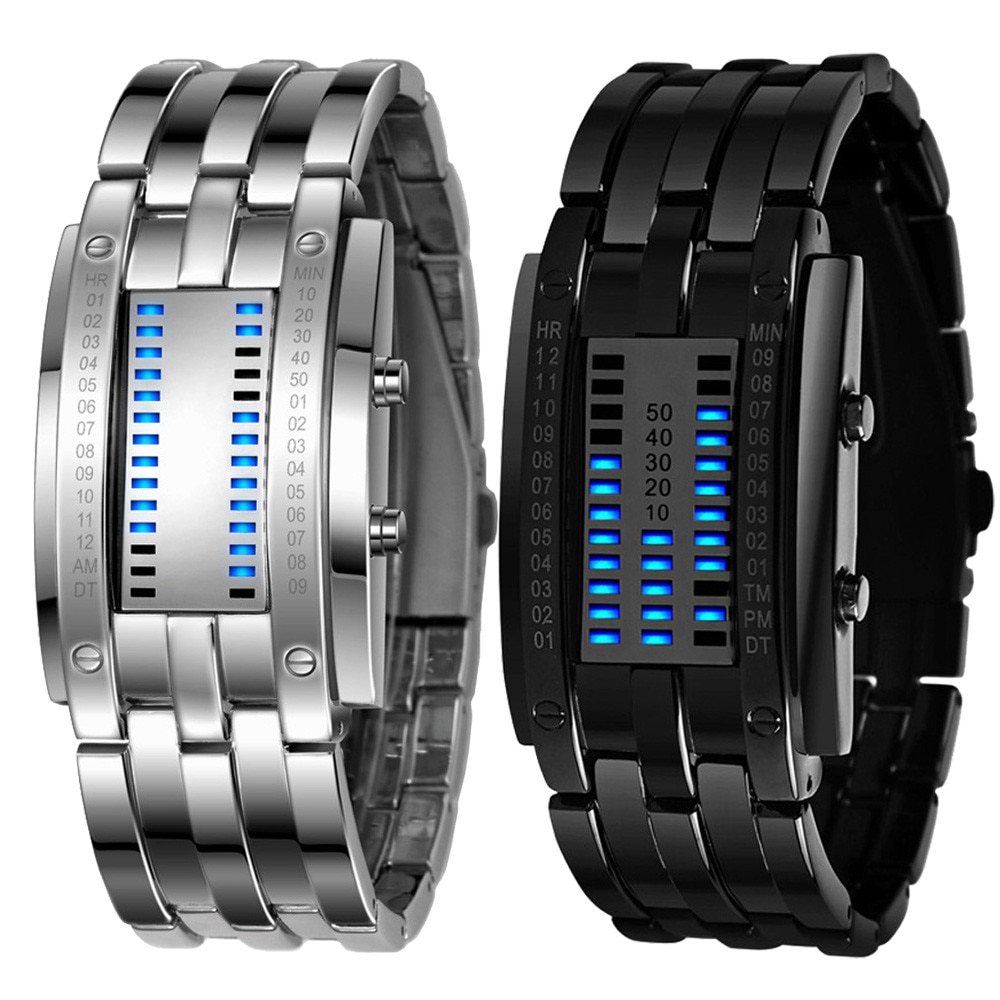 Luxe heren Sport Watche Toekomst Technologie Binary Horloge heren Zwarte Rvs Datum Digitale LED Armband Sport Horloges