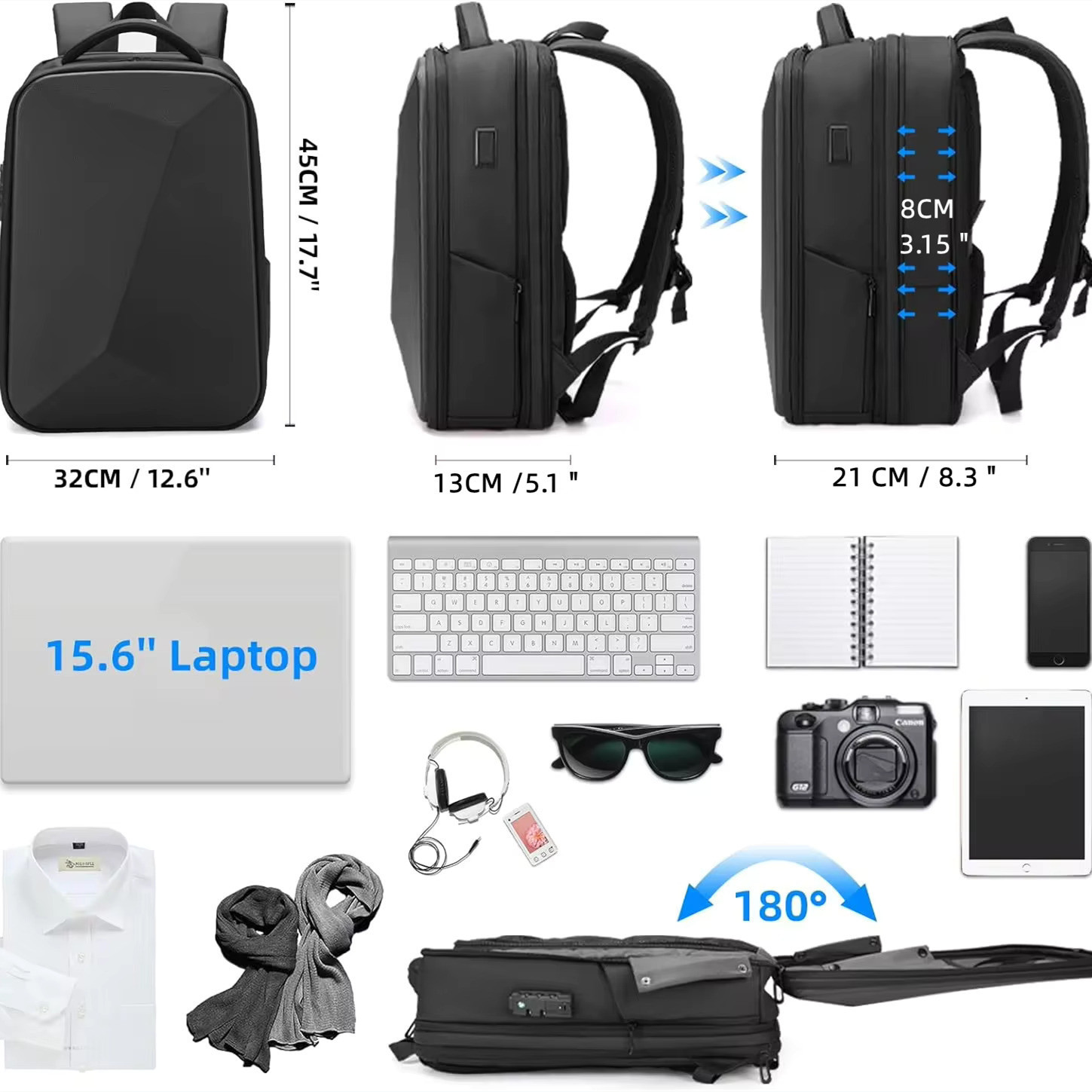 Men's 15.6 inch Laptop Backpack Expandable Travel Bag Waterproof Anti-theft Business Backpack USB Charging ABS Hard Shell Bag