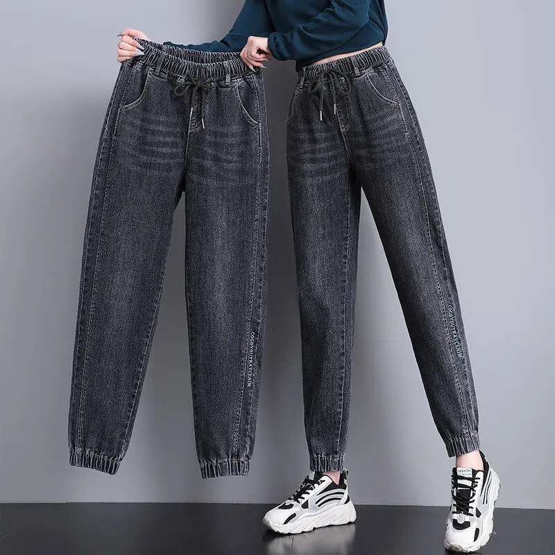 Ankle Length Harem Jeans Women Casual Elastic High Waist Denim Pants Streetwear Drawstring jogger Pants female: black / XXXL(67kg-75kg)