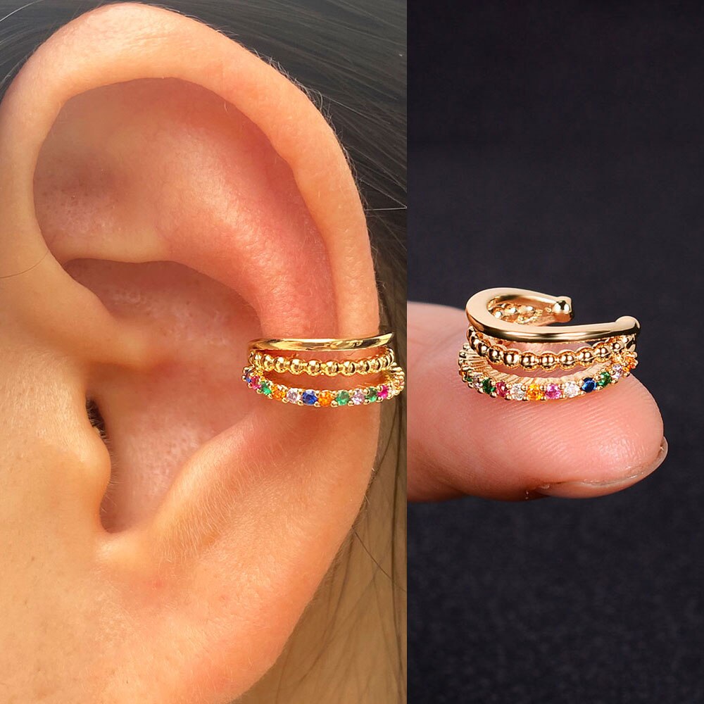 1pc nova chegada moda requintado arco-íris zircão orelha manguito brinco para a mulher geometria cristal sem piercing orelha clipe de jóias de verão: 5 gold