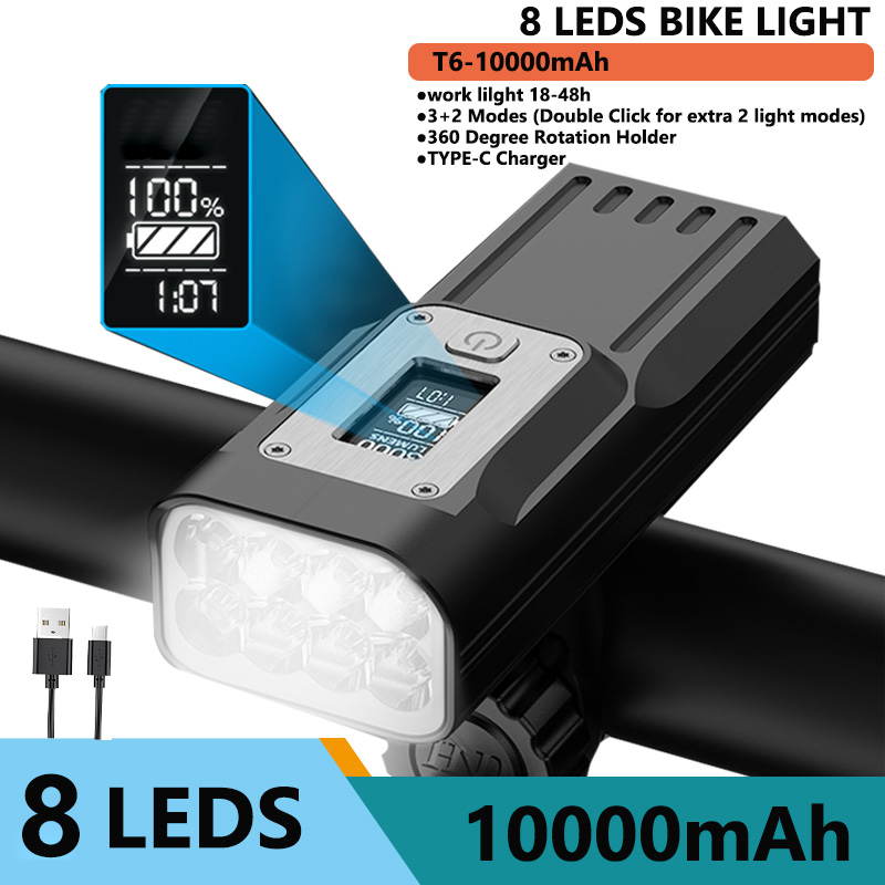 Powerful Bike Light OLED Display 10000mAh Rechargeable Bicycle Headlight Flashlight Type-C Charging Bike Light as power bank: Only light