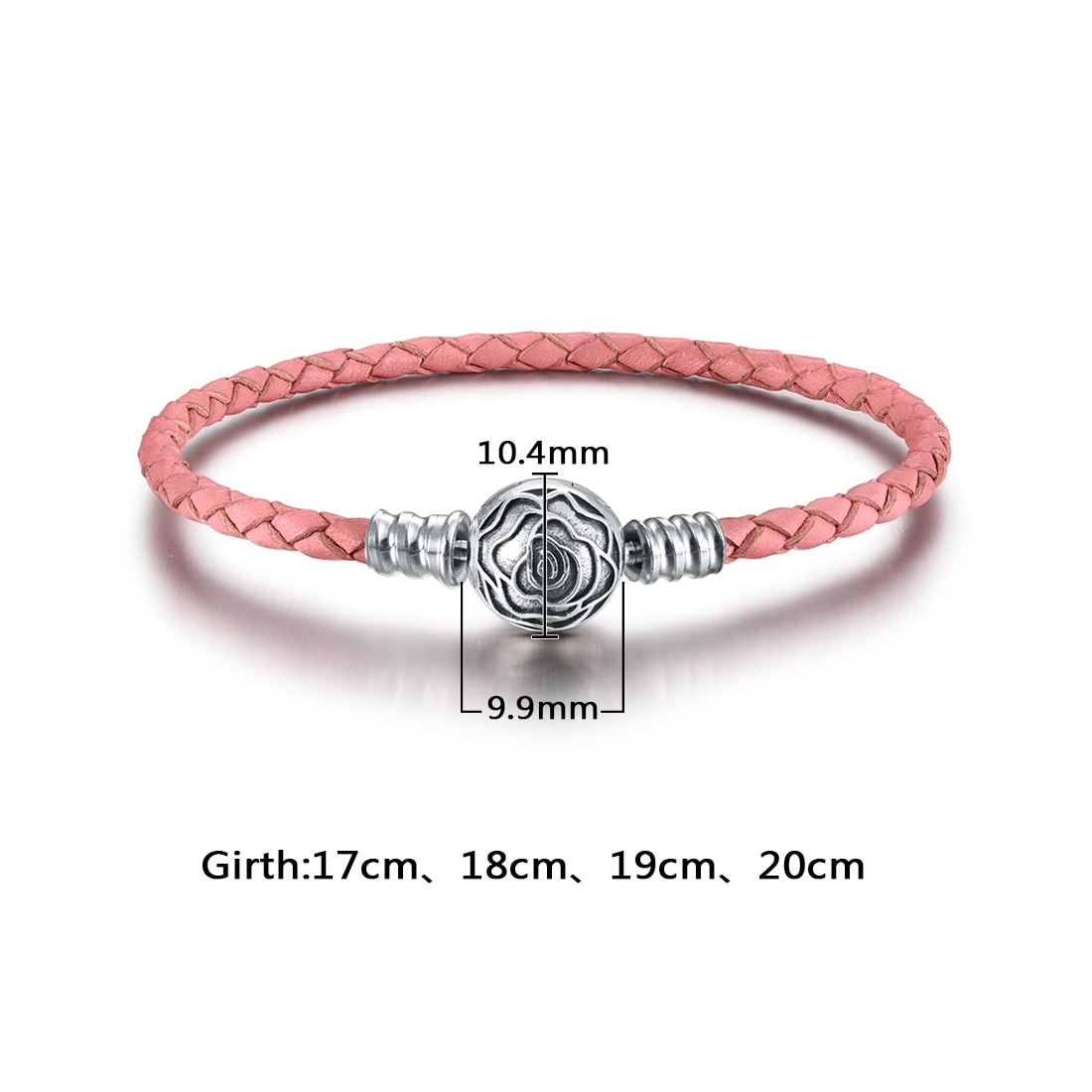 Jiayiqi Fine 925 Sterling Silver Pink&Black Leather Rose Round Buckle Bracelets For Women Fit 925 Silver Charms Bracelet Jewelry