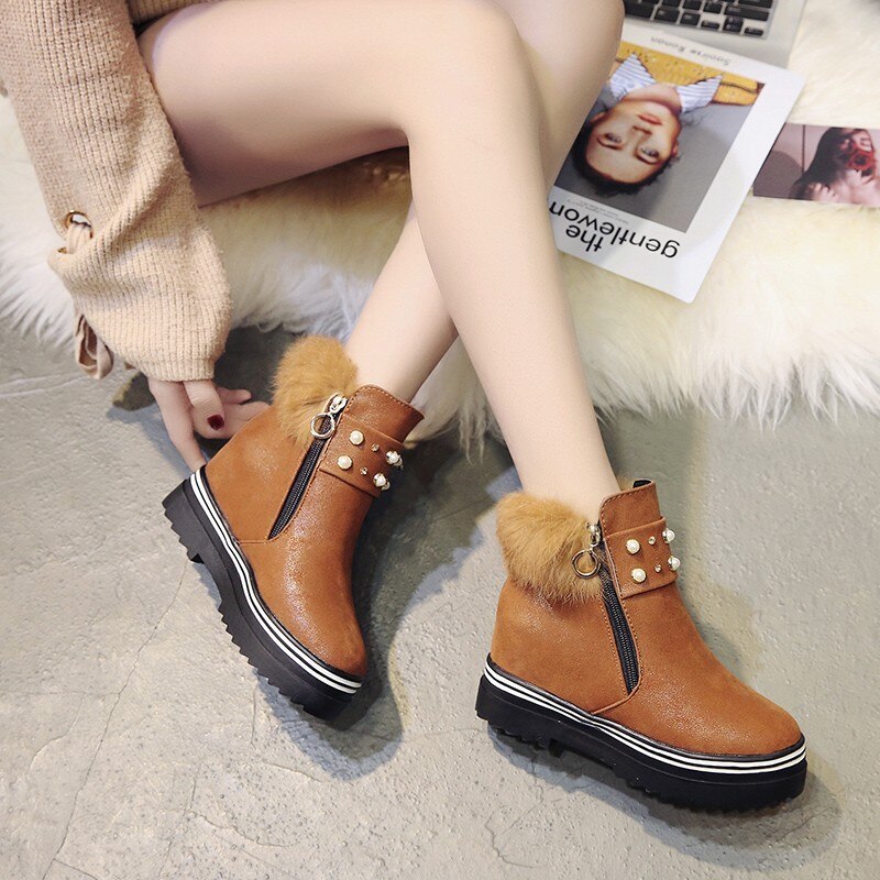 Fin pop pop søt pels kvinner ankelstøvletter komfortable vår høst sko kvinne flate høye hæler vanlig perle boot