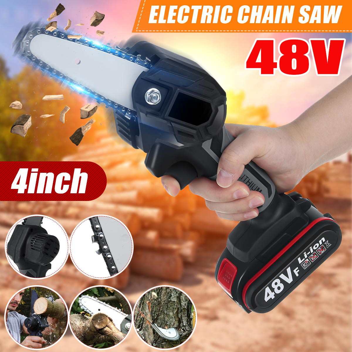 48V Cordless Electric Chain Saw 4inch Portable Electric Saw Woodworking Cutting DIY Tool Electric Pruning Saw With 1 Battery