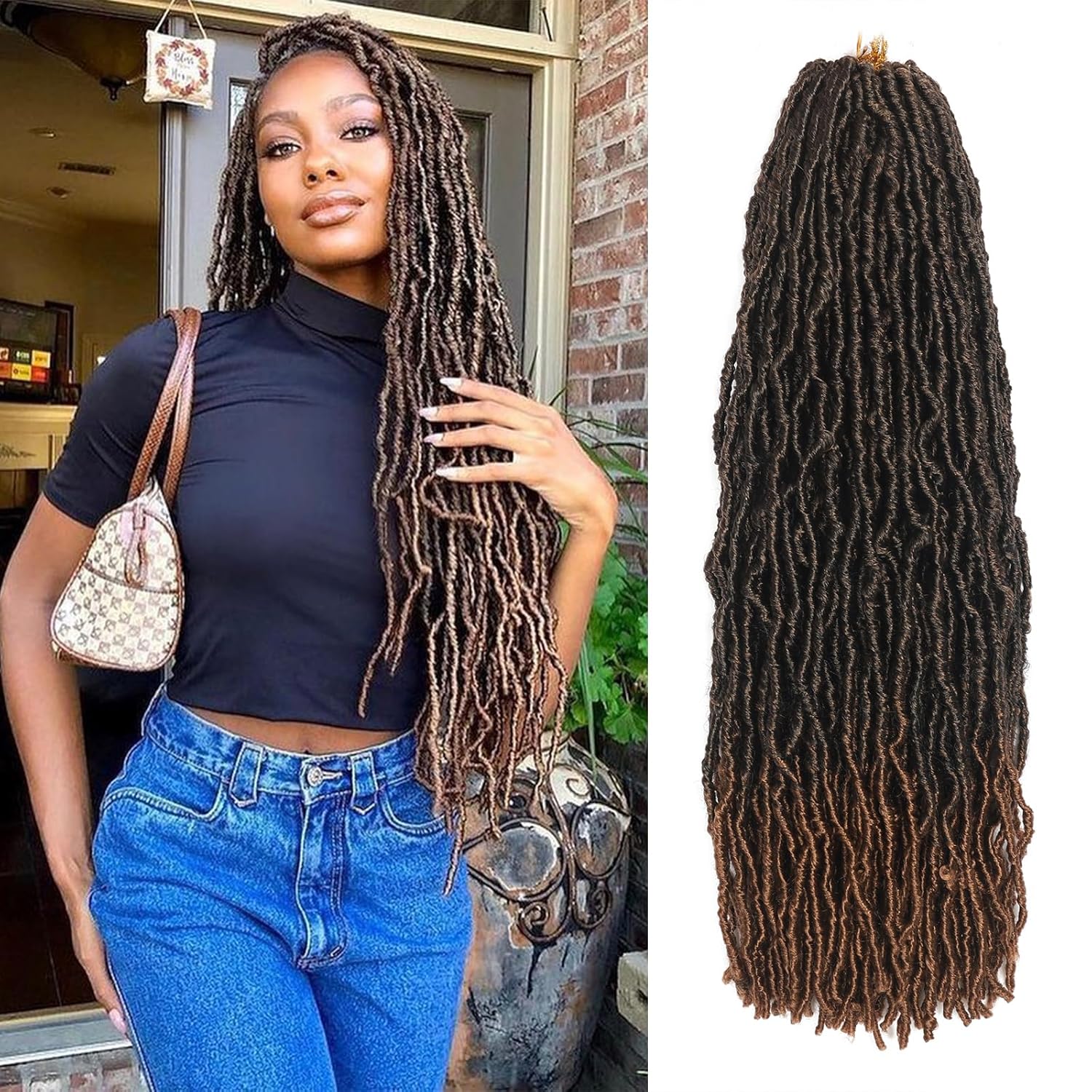 Faux Locs Synthetic Natural Butterfly Locs Crochet Hair Pre-looped Soft Goddess Locs Curly Wavy Crochet Braids Hair For Women: 1B/30HL / 24inches / 8Pcs/Lot