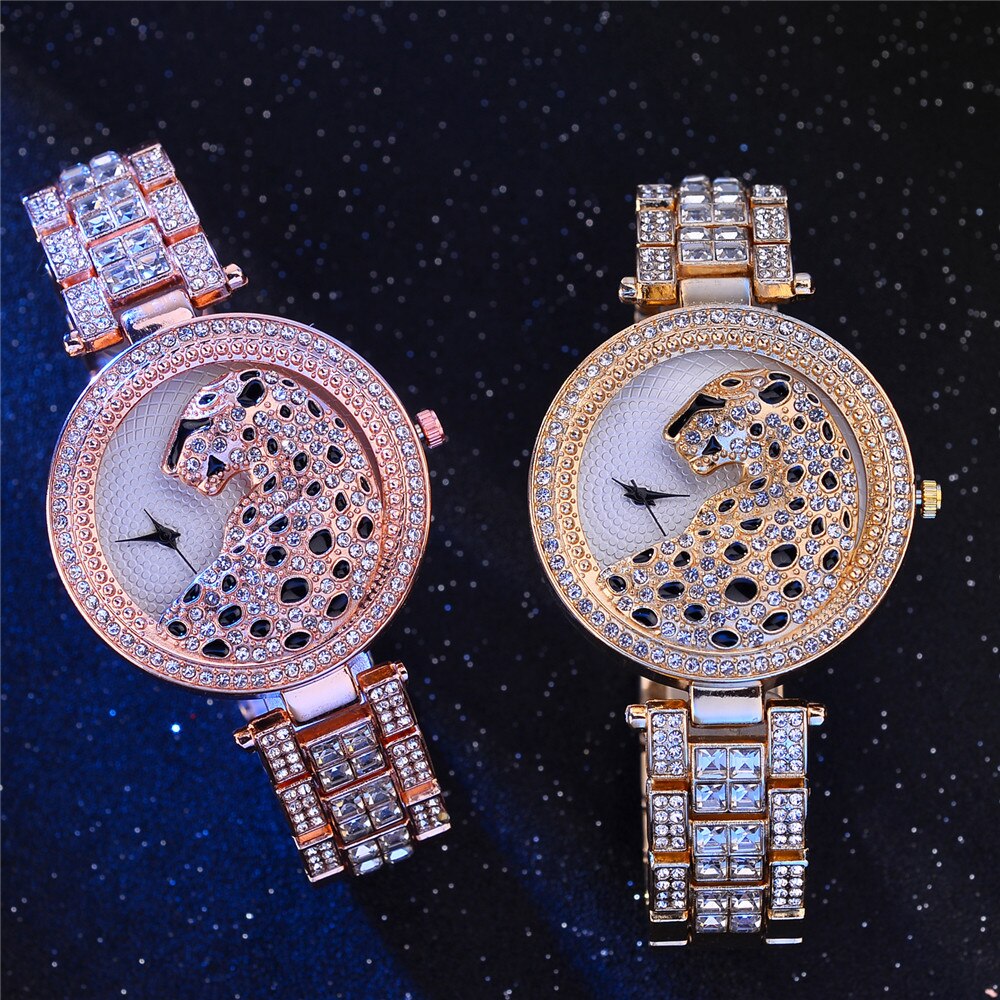Femmes Rose Or Montre Léopard De Luxe Bling Dames Montre Décontracté Femme Montre À Quartz Cristal Diamant Pour Femmes Horloge