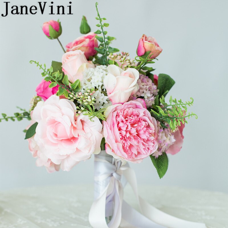 JaneVini Kunstmatige Roze Bloem Bruidsboeketten Zijde Bridal Bruid Boeket Novio Rose Pioen Bloem Boeket voor Bruidsmeisjes