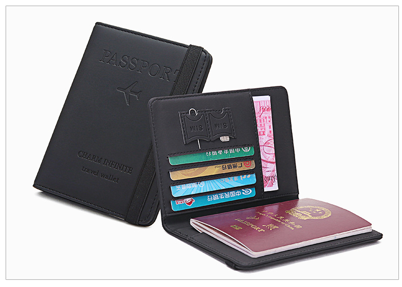 Rfid viagem passaporte capa carteira unisex negócios multifunction cartão de crédito bolsa organizador caso com faixa elástica 8 cores: Black