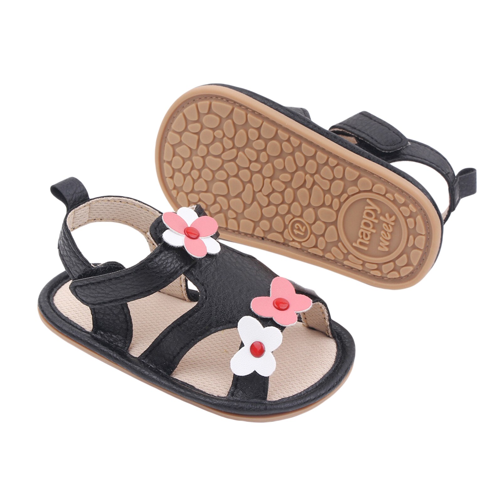 Baby Anti-Slip Platte Schoenen, Bloem Patroon Zachte Zool Sandalen Voor Baby Meisjes, wit/Zwart/Roze
