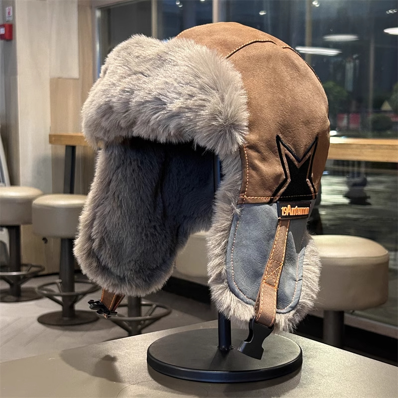 Half Star Thicken Faux Fur Earflap Hat Ushanka Bomber Unisex Winter Ski Ride Travel Casual Warm Cap Color Match: Gold