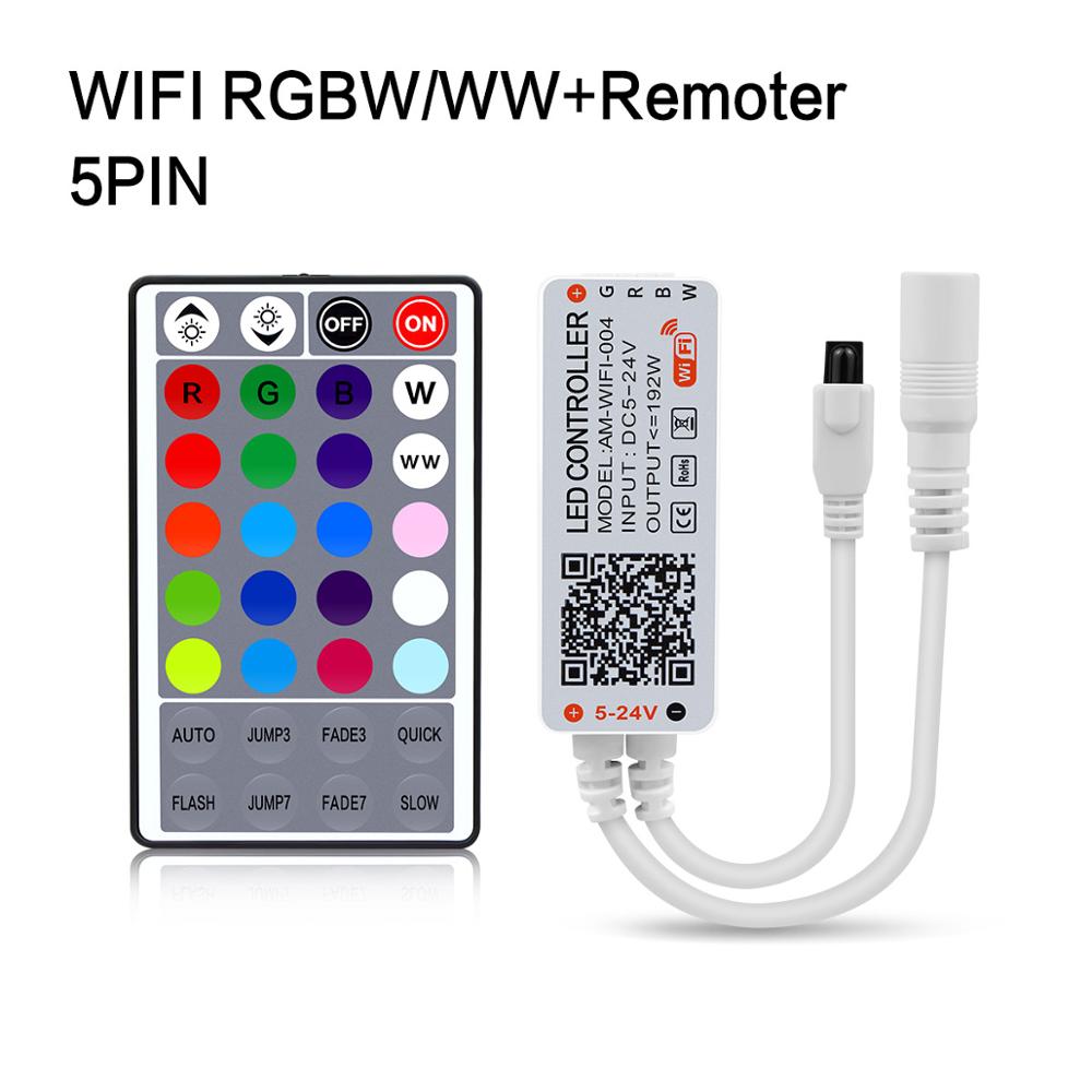 Dc5v 12v 24v bluetooth wifi rgb controller tuya/smart life app kontrol rgb/rgbw/rgb+cct fjernbetjening til smd 5050 led strip lys: Wifi rgbw 5 pin ir