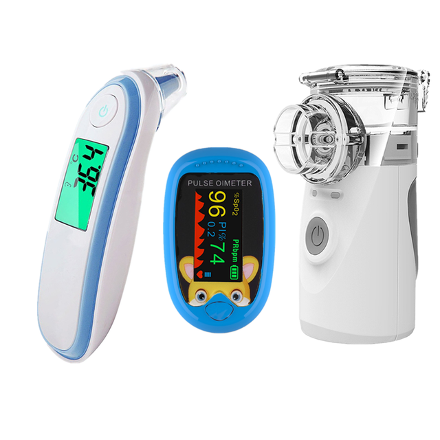 Oxímetro de dedo recargable para bebé, termómetro infrarrojo digital, Mini inhalador silencioso portátil, nebulizador: Blue grey blue