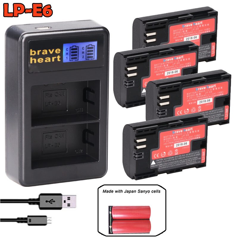 Bateria lp -e6 lp e6 lpe 6n kamera batteri japan sanyo cell + led usb dubbel laddare för canon eos 5ds r 5d mark  ii 5d 6d 7d 80d: Laddare och 4 batterier