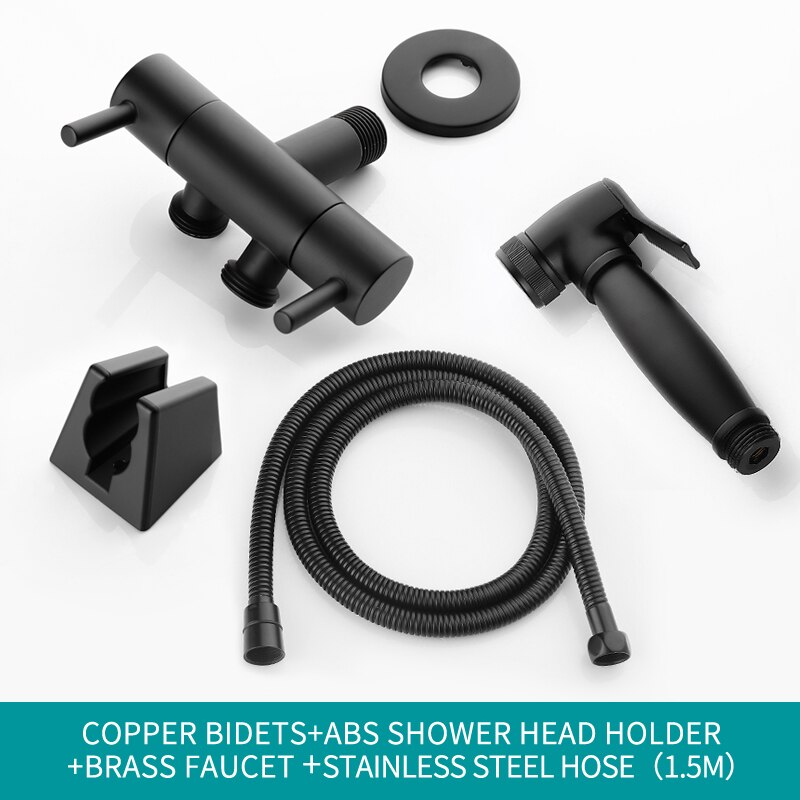 Zwarte Hand Bidet Spray Hoge Druk Handheld Badkamer Zwart Wc Douche Shattaf Draagbare Wc Sproeier Jet met Tap Kraan: Whole Set A