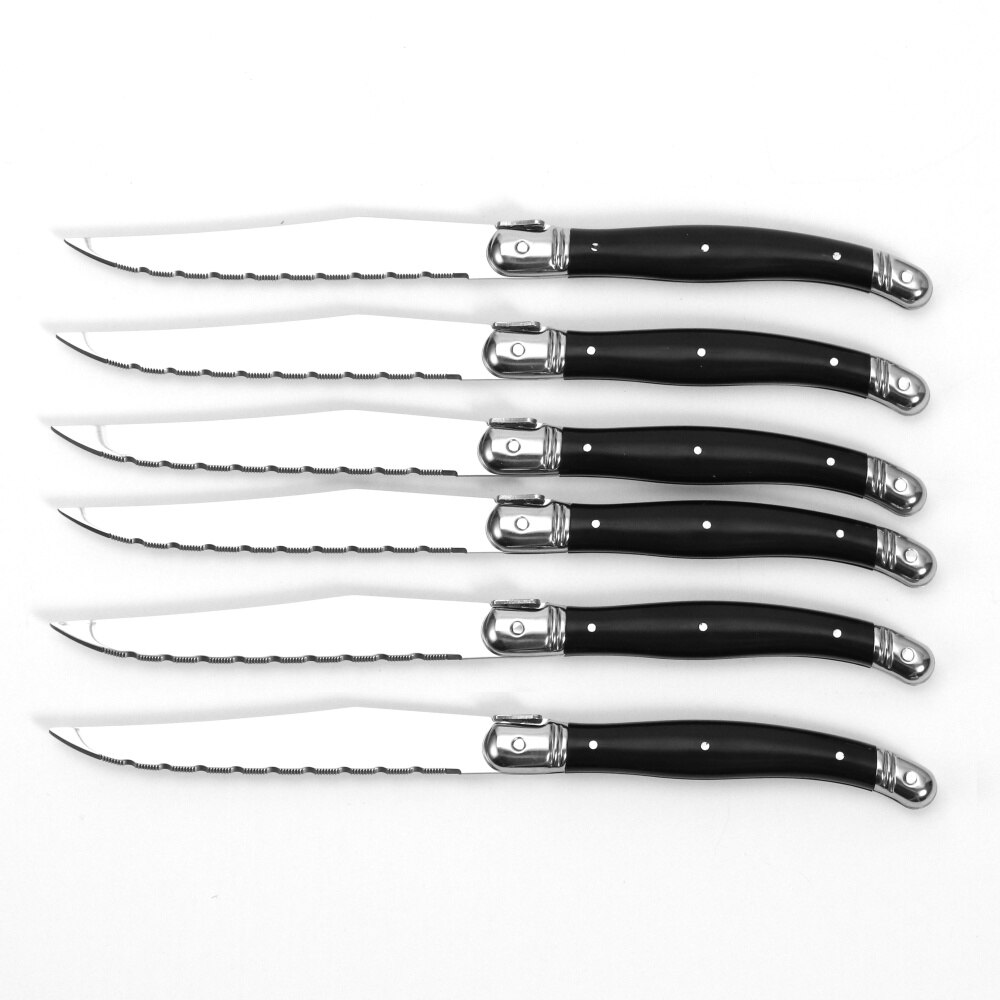 Juego de 6 cuchillos y tenedores para carne de acero inoxidable, juego completo de cubiertos de acero Laguiole con vajilla con mango de ABS negro: Negro