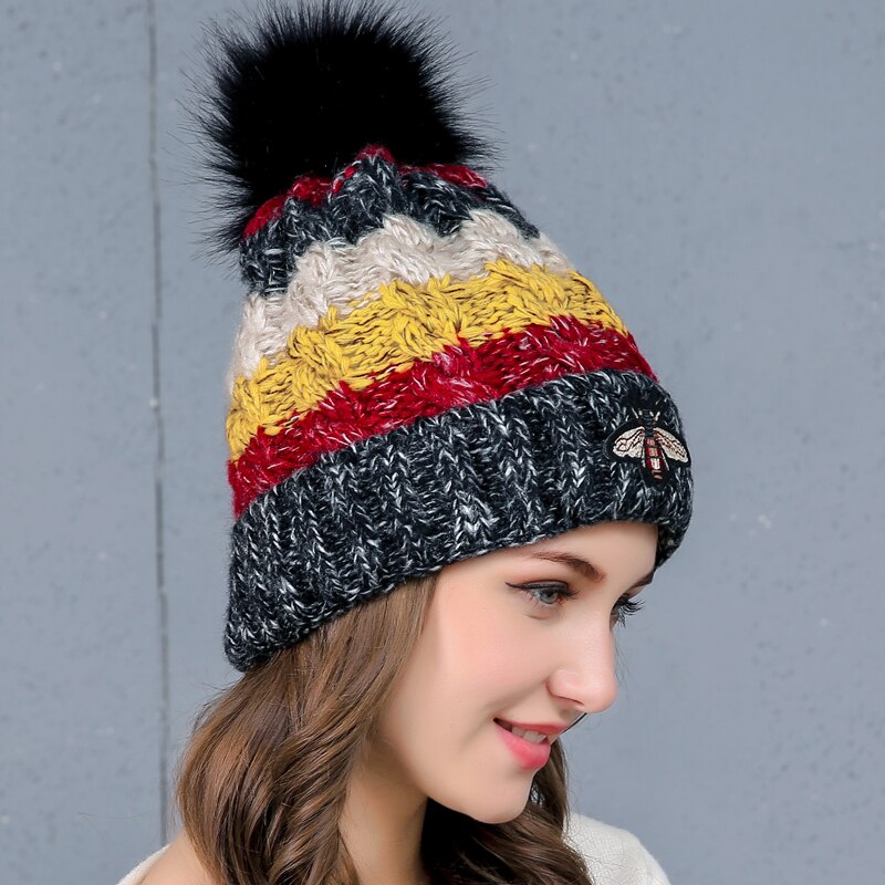 Dame vinter strik slouchy hue hue varm kraniet ski kasket imiteret pels pom pom hatte