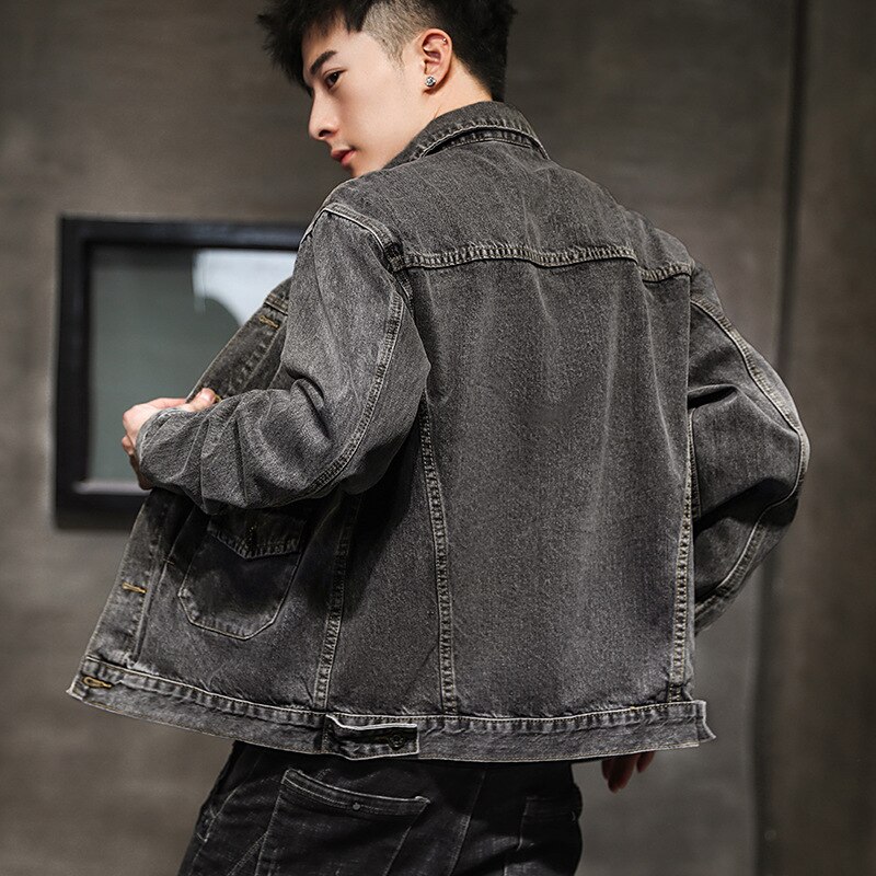 Spring autumn gray denim jacket men\'s trendy brand street jacket handsome Korean style teenagers denim jacket