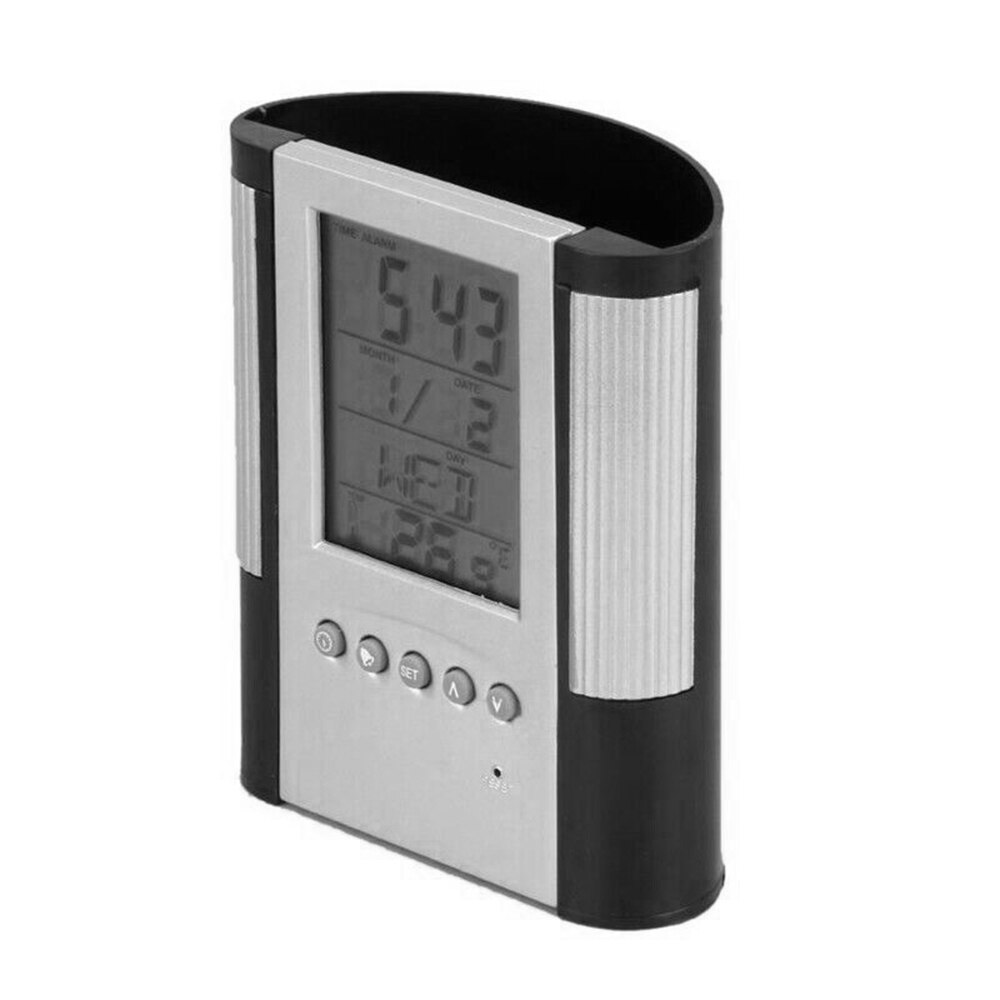 Pen blyant holder digital lcd skrivebord alarm ur pen holder kalender timer temperatur desktop ur