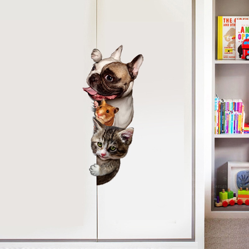 Lustige 3D Katze Hund Tür wandaufkleber kinderzimmer wohnzimmer home decor Wand hintergrund Kunst decals niedlichen tier aufkleber dekorationen