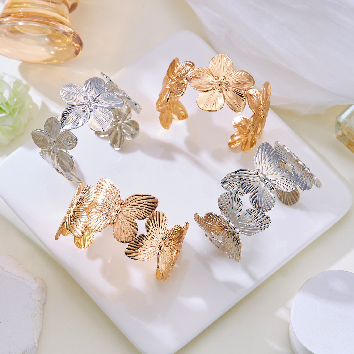Stainless Steel Hollow Flower Butterfly Open Wide Bracelet Gold Plated Adjustable Cuff Bracelets For Women Jewelry