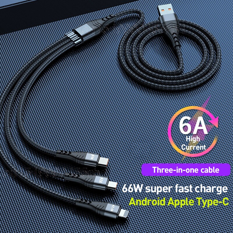 3-in-1 USB-Kabel 6A Schnelladen für iPhone, Huawei, Samsung - USB-A auf Typ-C, Mikro USB, Blitz