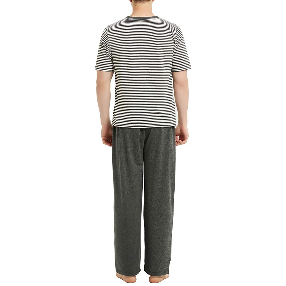 Conjunto de pijamas rayados horizontales para hombre, ropa de dormir de 2 uds, Tops de manga corta a rayas + Pantalones largos sólidos, pantalones sueltos
