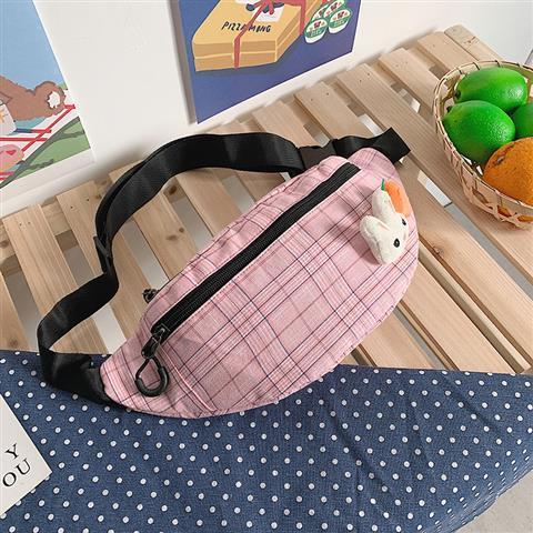 Riñonera de lona a cuadros para mujer, Cangurera femenina Ulzzang de lona a la con dibujos animados, cómoda y Chic: pink