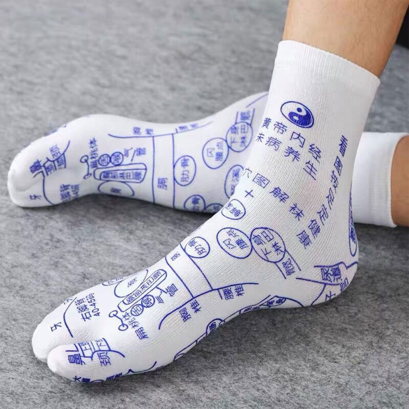 Femmes Hommes Acupression Réflexologie Chaussettes 2 Bout Fendu Massage des Pieds Soulagement De La Douleur Méridien Bonneterie avec Points D&#39;acupuncture Graphique