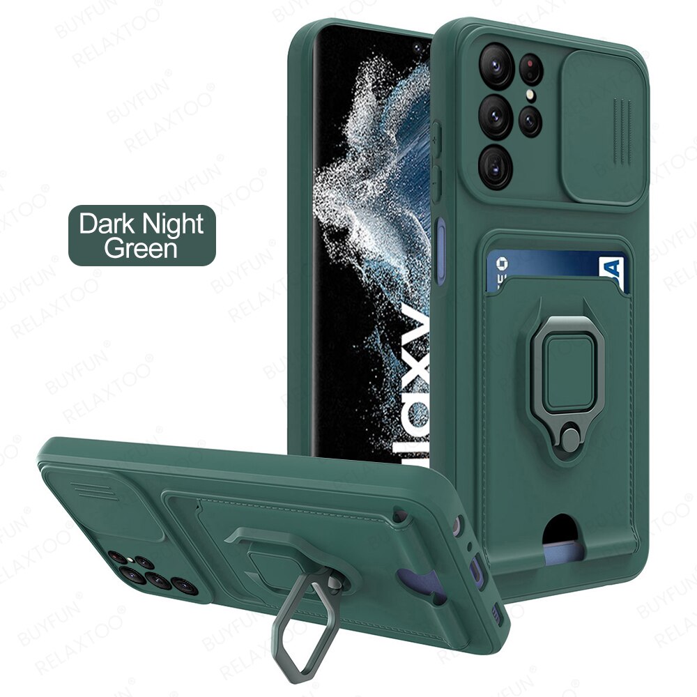 S22Ultra Case Slide Camera Bescherm Case Voor Samsung Galaxy S22 Ultra Wallet Card Slot Cover S 22 S22 + Magnetische ring Stand Coque: S22 Plus / Green-04