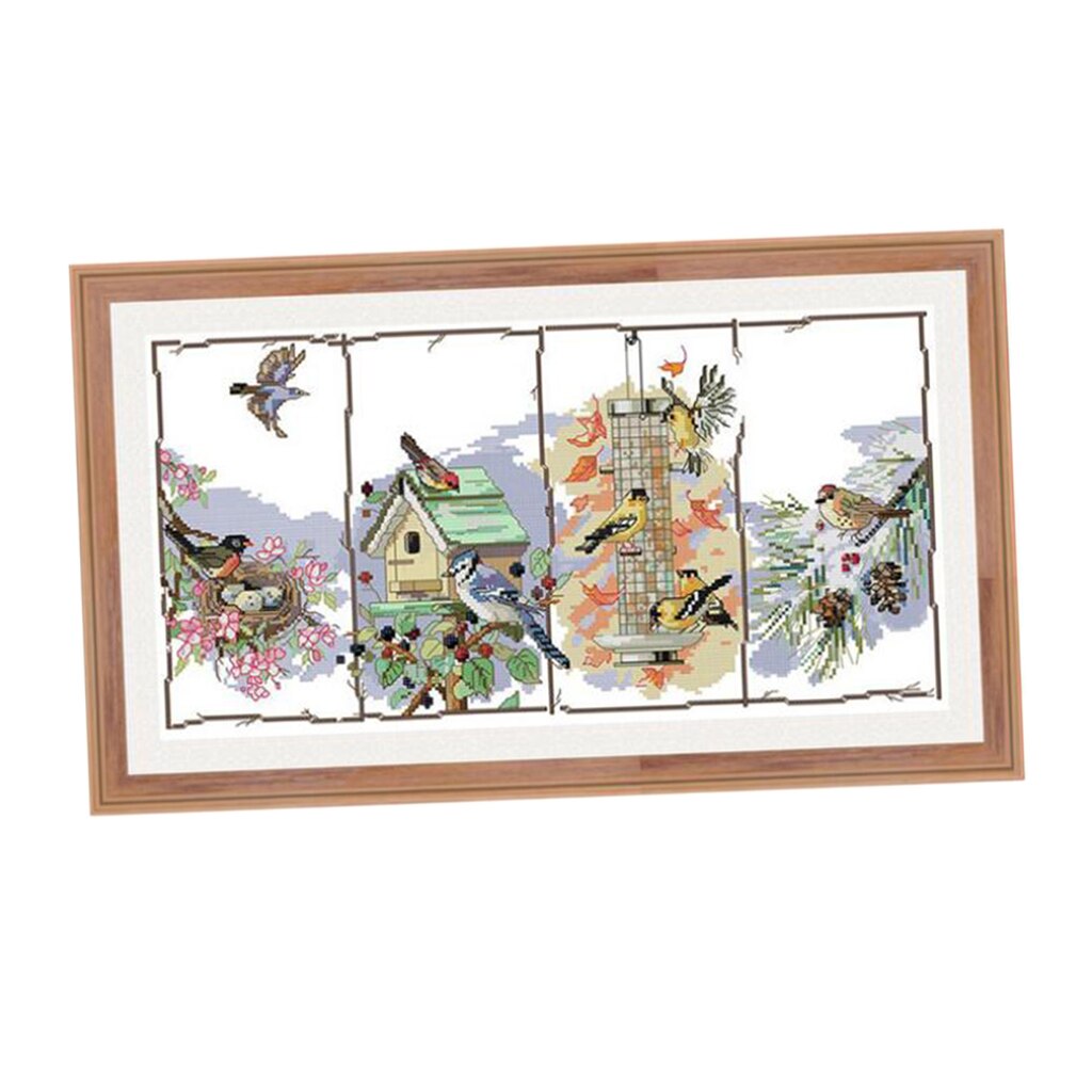 DIY Stamped Cross Stitch Starter Kits Beginners Cross-Stitching Pre-Printed Pattern - Four Season Birds - No Frame