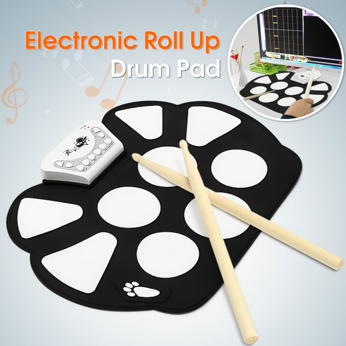 Electronic Drum Kit - 9 Foldable Silicone Pads - USB Roll Up - with Drumsticks & Foot Pedal - Portable Digital Drum Set