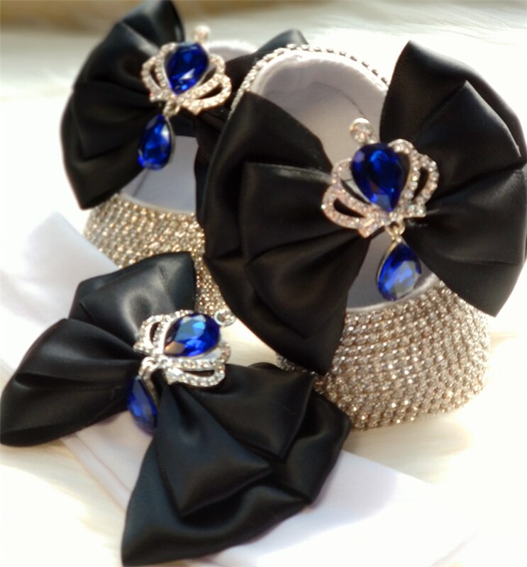 Dollbling Barokke Glam Meisje Eerste Wandelschoenen Golden Crown Exotische Bohemen Unieke Bling Prachtige Strass Baby Wieg Schoenen: black / 7-12 Months