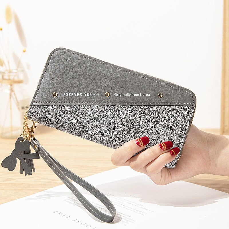 Sequined Patchwork Glitter Wallet for Women PU Leather Long Wallet Coin Purse Female Wallets Girls: A-Gray