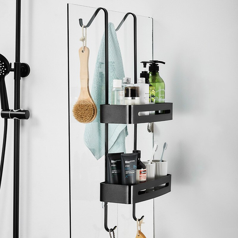Sort enkel brusebad hylde badeværelse badeværelse aluminium 2- lag væg hængende kurv gratis hul toilet opbevaring  lb92905