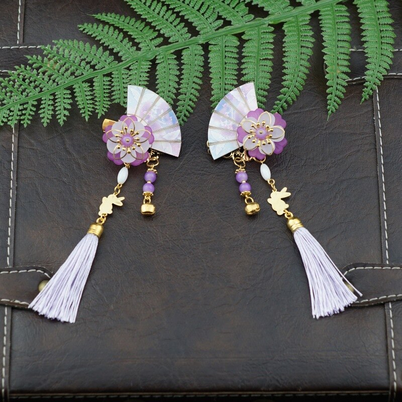 1 Pair Chinese Style Girls Handmade Fan-shaped Hair Clips With Tassels Kids Hair Accessories: Z