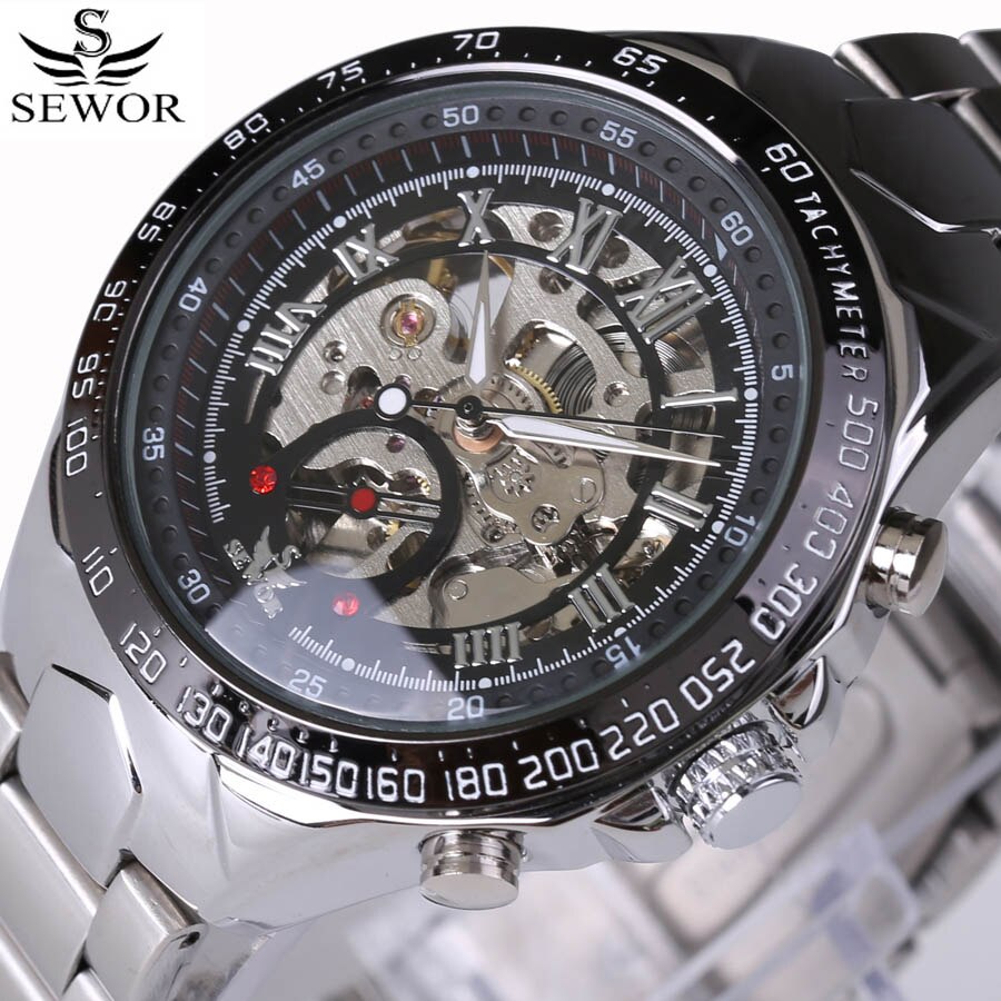 Sewor Top Horloge Mannen Zwarte Sport Horloges Roestvrij Staal Automatische Mechanische Horloges Mannen Skelet Horloge Reloj Hombre: Zilver