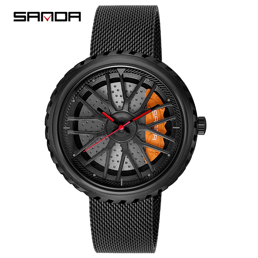 Relojes para hombre, Casual, estilo de rueda de coche, relojes de pulsera creativos para hombre, esfera de rueda de carreras 3D, reloj de cuarzo para hombre, reloj Masculino: Steel grid black