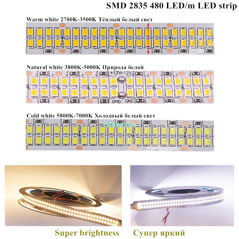 Led-strimmel smd 2835 5m 120 240 480 led/ m dc12v dc24v ip20 no vandtæt fleksibelt båndbånd varmt hvidt led-lys natdekoration