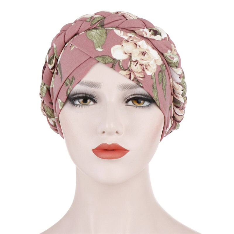 Turbante trenzado para mujer, pañuelo para la cabeza de algodón con estampado de flores, gorro, gorro cruzado para la frente, sombrero africano, listo para usar hijab musulmán, novedad de