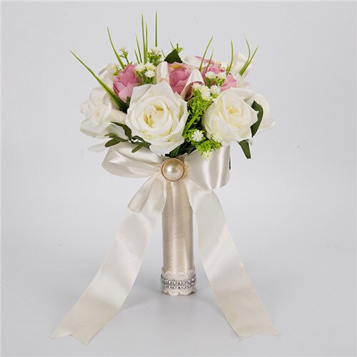 Artificial Wedding Flowers Wedding Bouquets For Brides Handmade 7 Colors Bridal Bouquets with Ribbon Buque de noiva: white pink