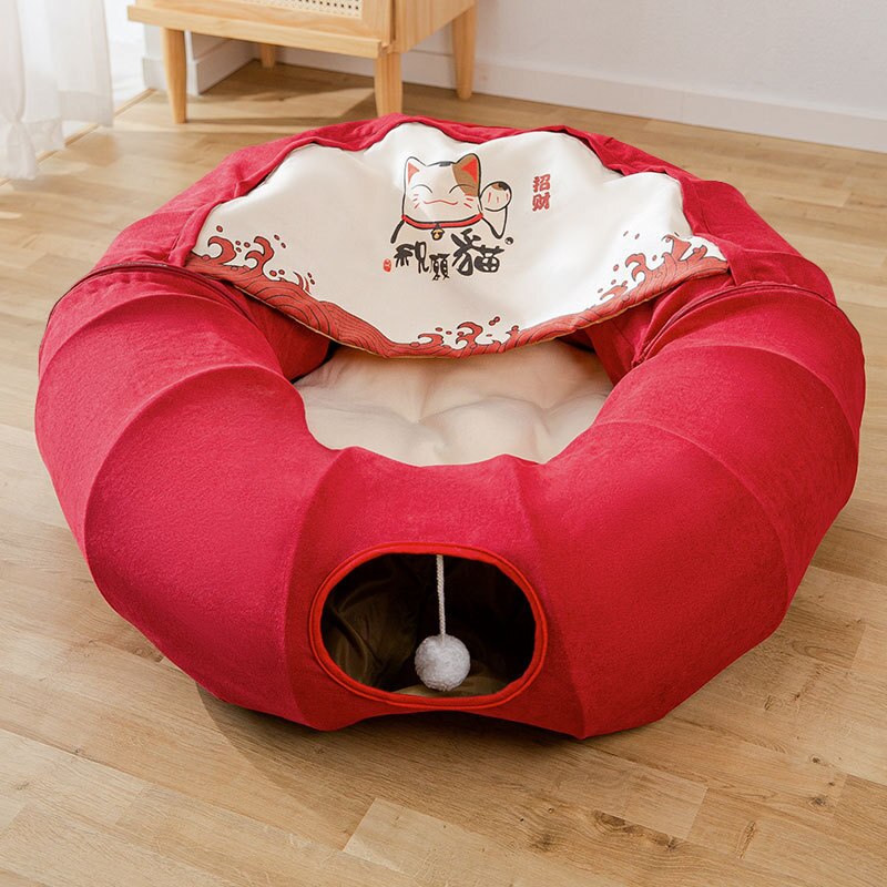 Foldable Cat Tunnel House Double Use Cat Toys Interactive Play Toy Pet Tube Collapsible Kitten Rabbit Cat Ferrets Puppy Bed: New Red