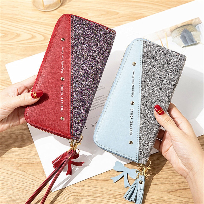 Paljettpatchwork glitter plånbok för kvinnor långa plånböcker läder myntväska kvinnliga plånböcker carteira feminina