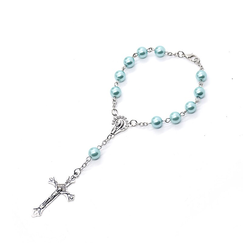 Lichtblauw Imitatie Parel Rozenkrans Armband Katholieke Jesus Cross Hangers Virgin Dame Van Guadalupe Armbanden Voor Vrouwen Sieraden: Default Title