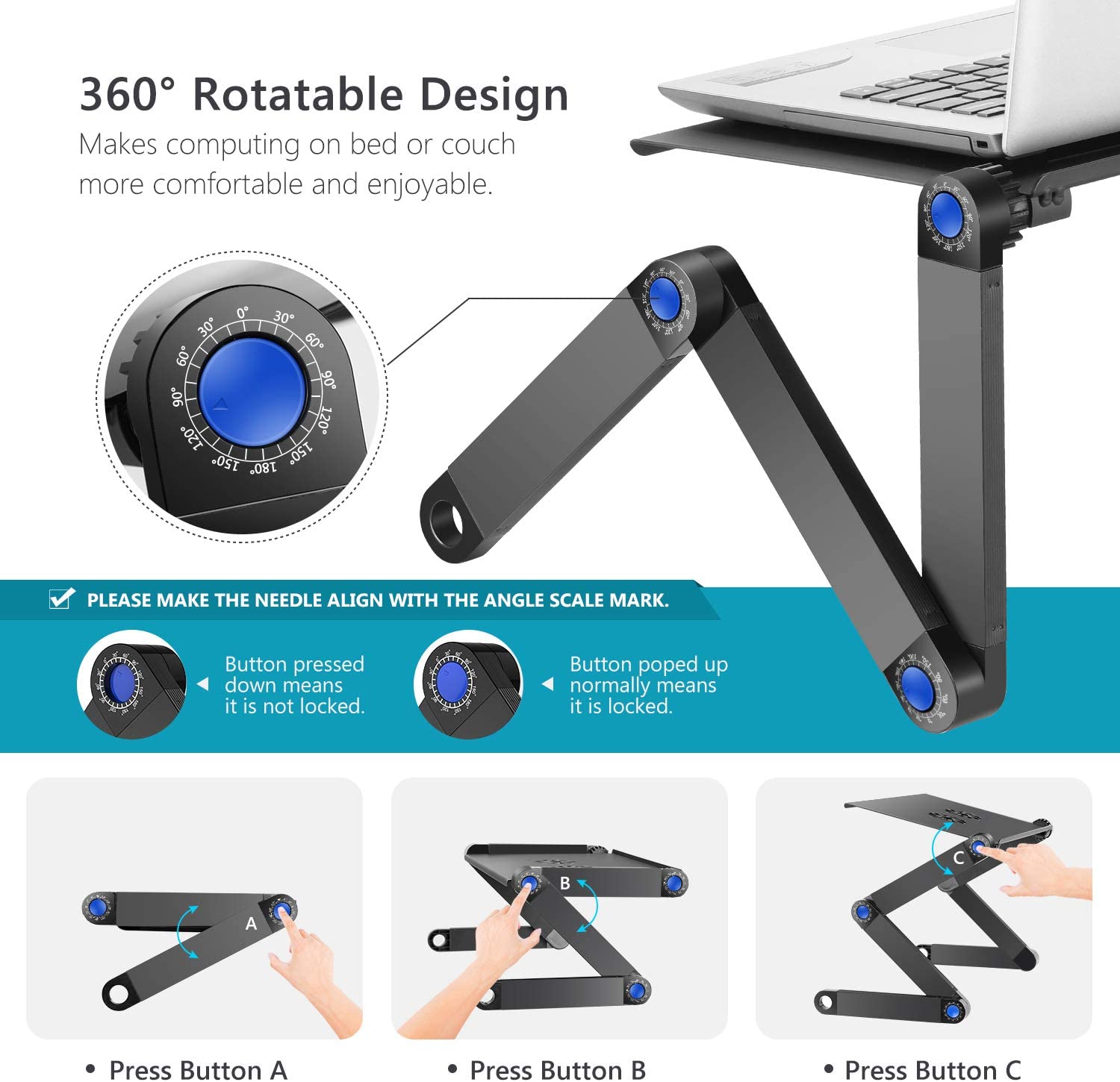 Adjustable Aluminum Laptop Desk Portable Folding Laptop Desk Computer Table Laptop Stand Holder 360°Foldable Notebook Desk Bed S