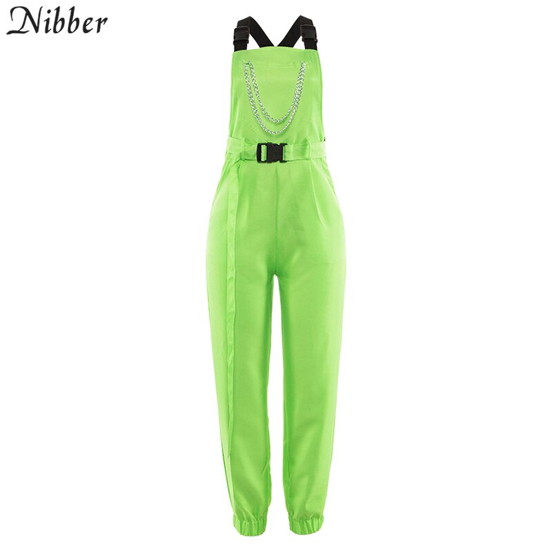 Nibber Fluorescent green Bib pants women's Street black casual pants playsuits 2019spring ladies Solid Full jumpsuits: S