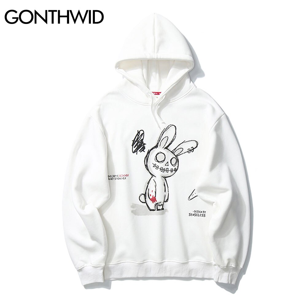 GONTHWID Carrot Smiling Rabbit Print Sweatshirts Streetwear Mens Hooded Hoodies Hip Hop Harajuku Casual Pullover Coat