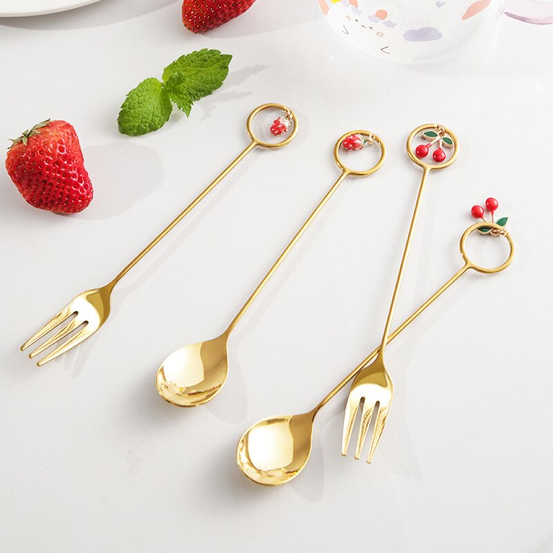 Stainless Steel Spoons Fork Mini Royal Style Metal Gold Carved Coffee Snacks Fruit Prikkers Dessert Fork Kitchen Tool Teaspoon